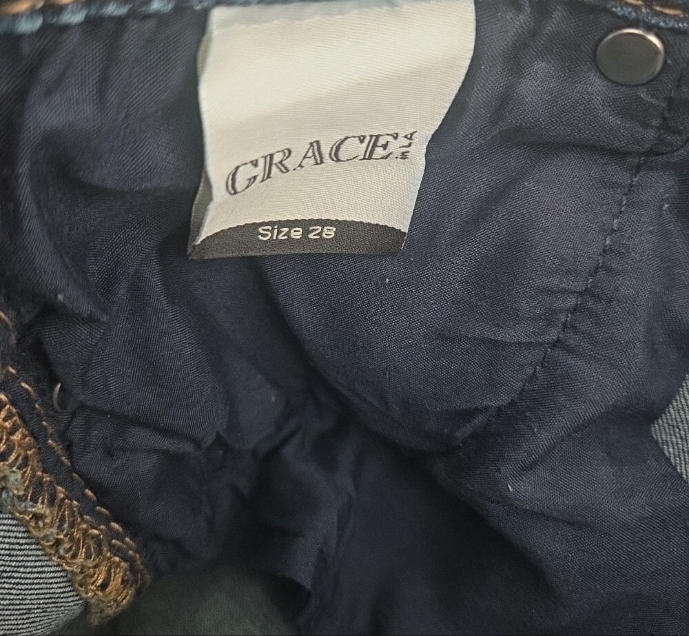 Grace in LA Dark Blue Skinny Jeans Pink Floral Embroidery Distressed Style - Picture 12 of 13
